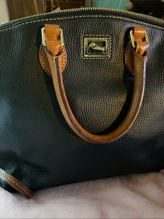 Dooney & Bourke Handbags - Dooney & Bourke Black Leather Satchel with Tan Trim and Gold Hardware